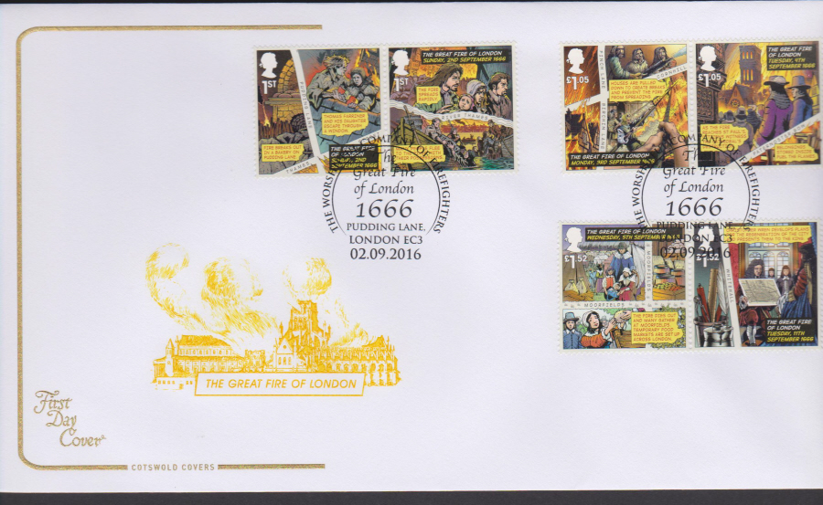 2016 - The Great Fire ,Cotswold First Day Cover, 1666 London EC3 Pictorial Postmark